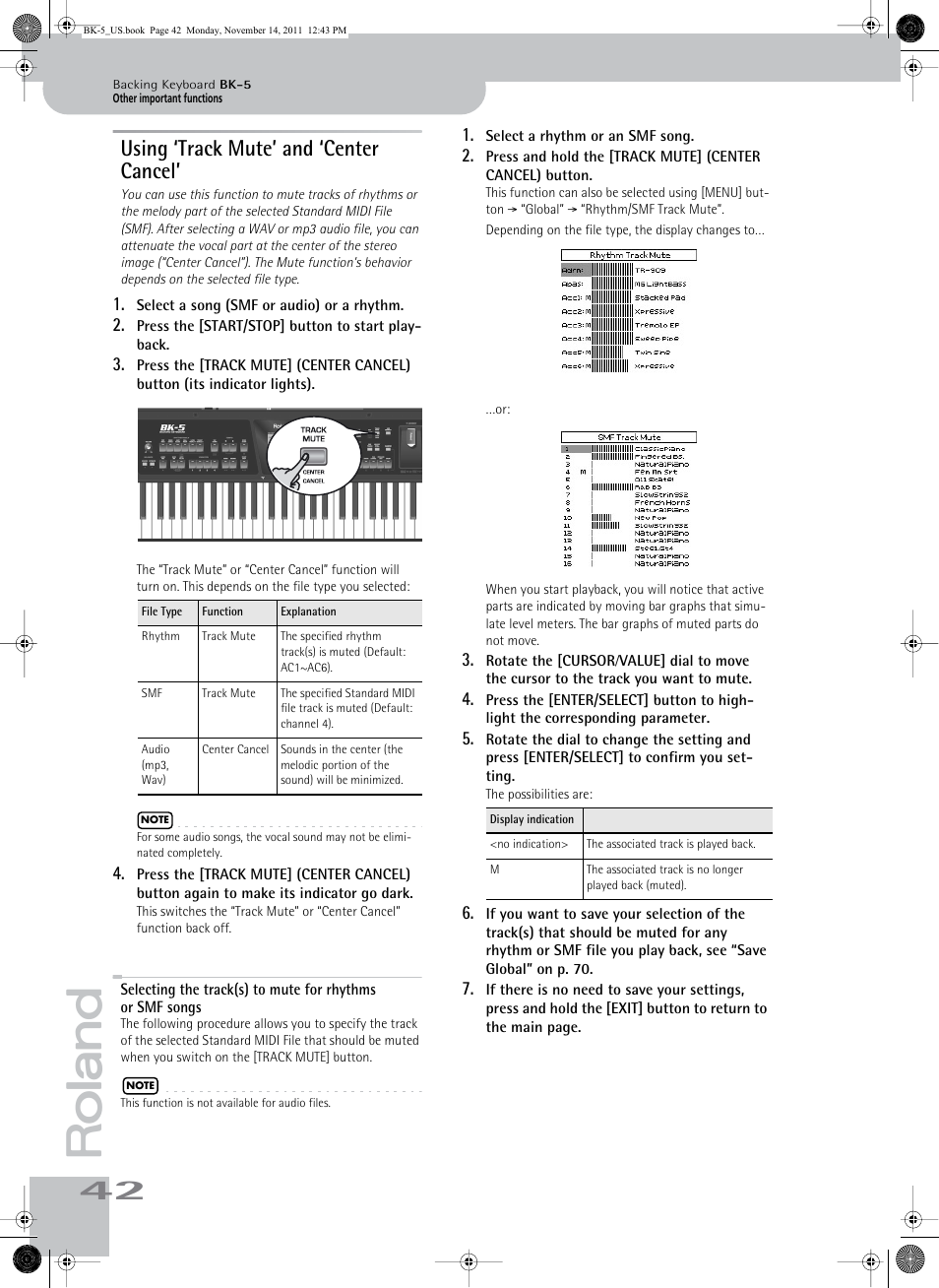 Using ‘track mute’ and ‘center cancel | Roland Backing Keyboard BK-5 User Manual | Page 42 / 152