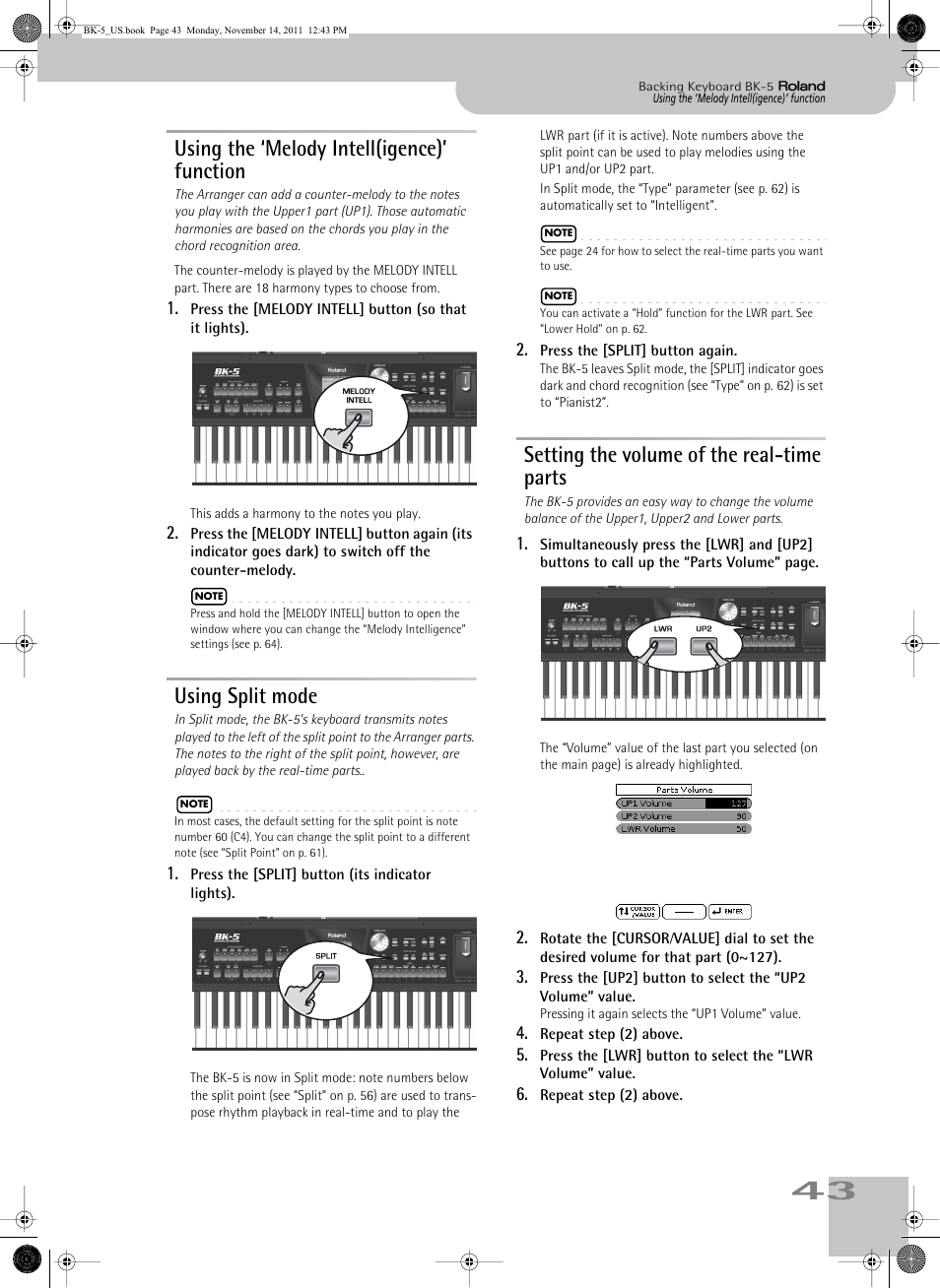 Using the ‘melody intell(igence)’ function, Using split mode, Setting the volume of the real-time parts | And up2 parts. see “using split mode” on p. 43 | Roland Backing Keyboard BK-5 User Manual | Page 43 / 152