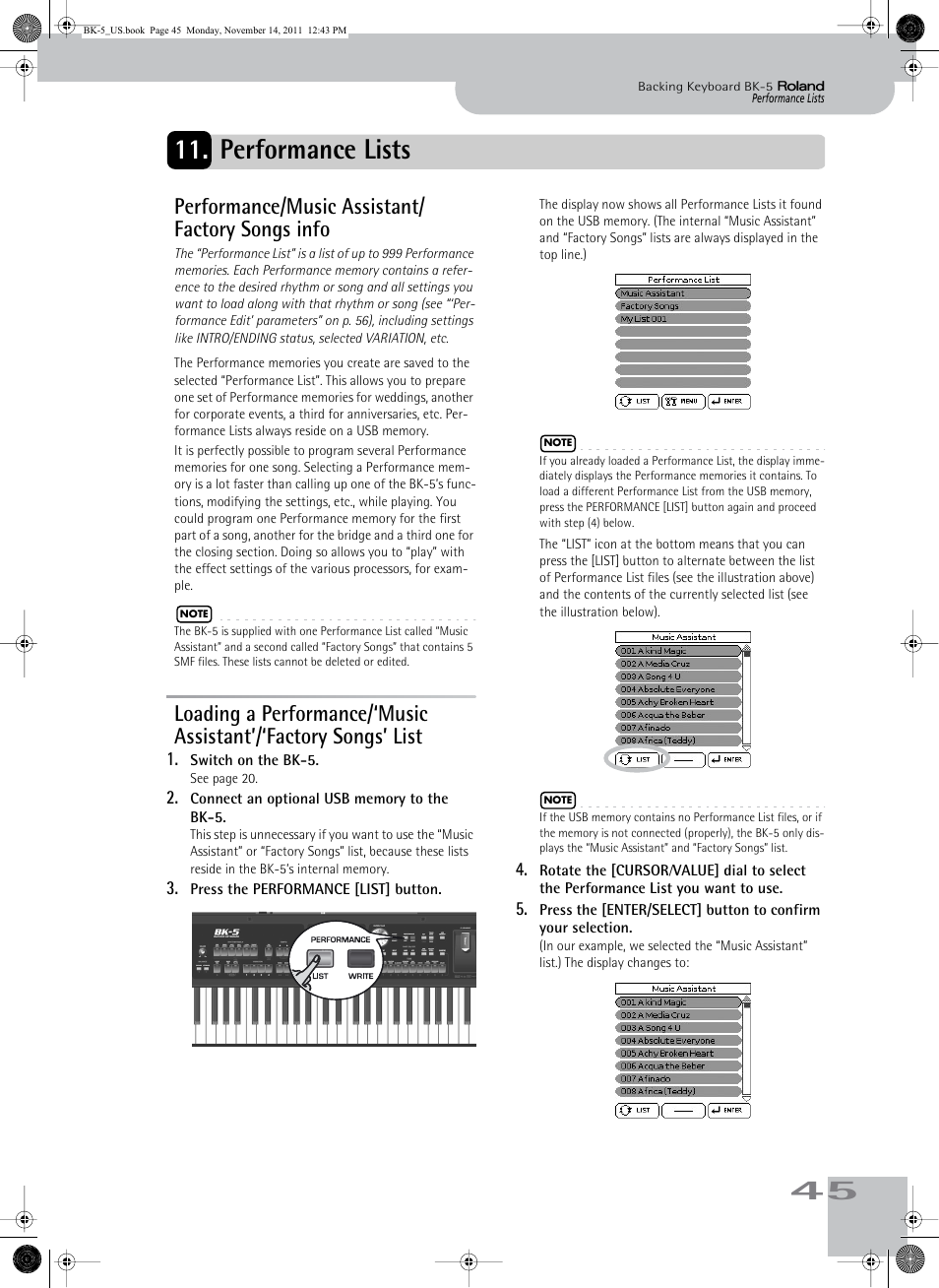 Performance lists, Performance/music assistant/ factory songs info, 45 11. performance lists | Roland Backing Keyboard BK-5 User Manual | Page 45 / 152