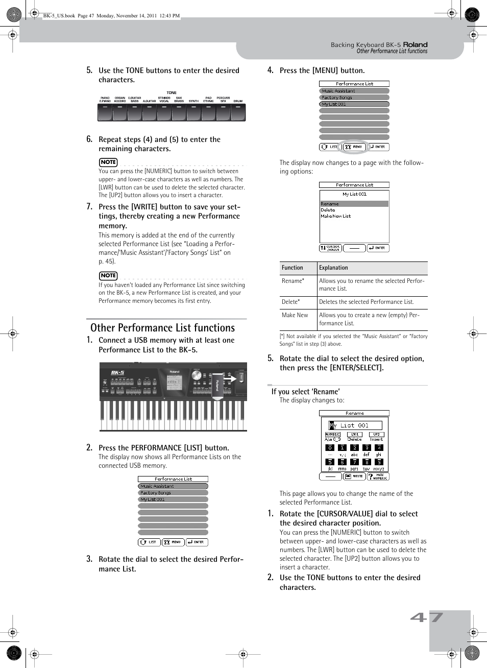 Other performance list functions, If you select ‘rename | Roland Backing Keyboard BK-5 User Manual | Page 47 / 152