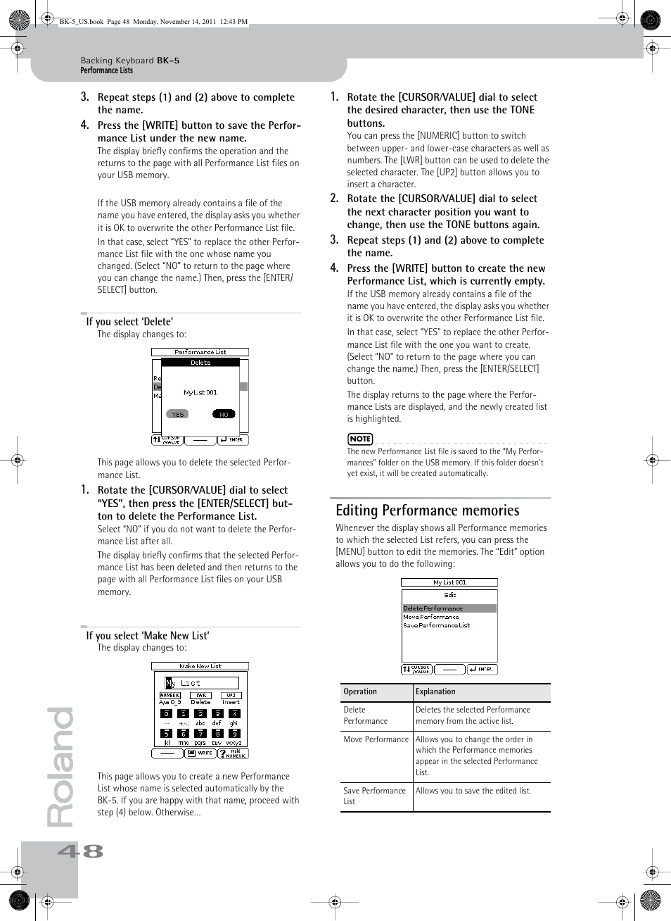 If you select ‘delete, If you select ‘make new list, Editing performance memories | Roland Backing Keyboard BK-5 User Manual | Page 48 / 152