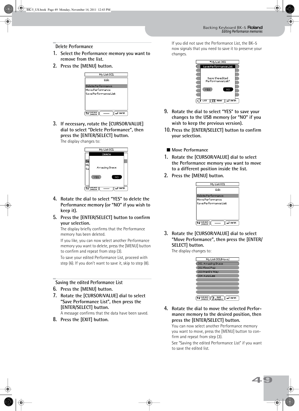 Delete performance, Saving the edited performance list | Roland Backing Keyboard BK-5 User Manual | Page 49 / 152