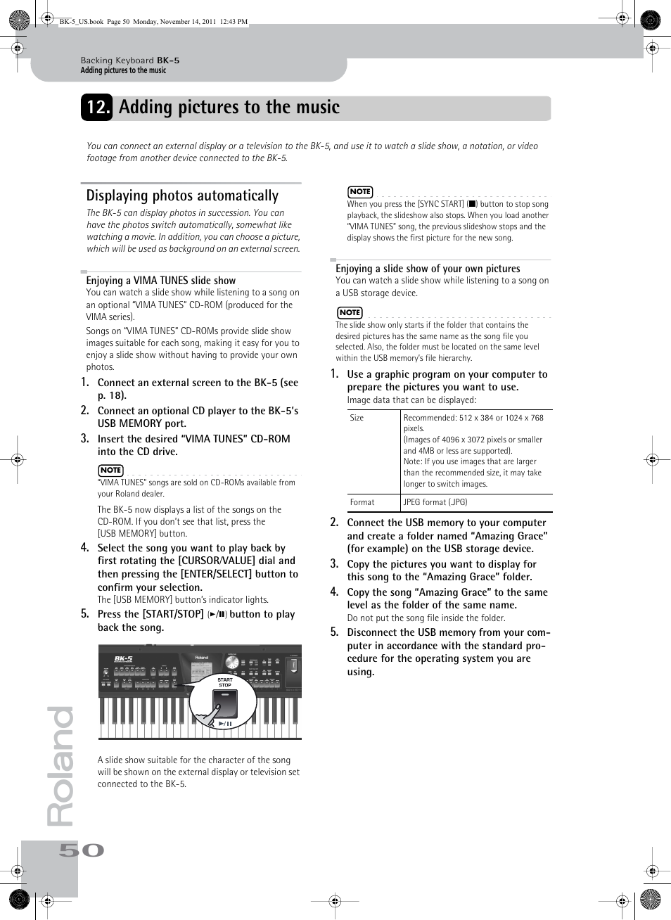 Adding pictures to the music, Displaying photos automatically, Enjoying a vima tunes slide show | Enjoying a slide show of your own pictures | Roland Backing Keyboard BK-5 User Manual | Page 50 / 152