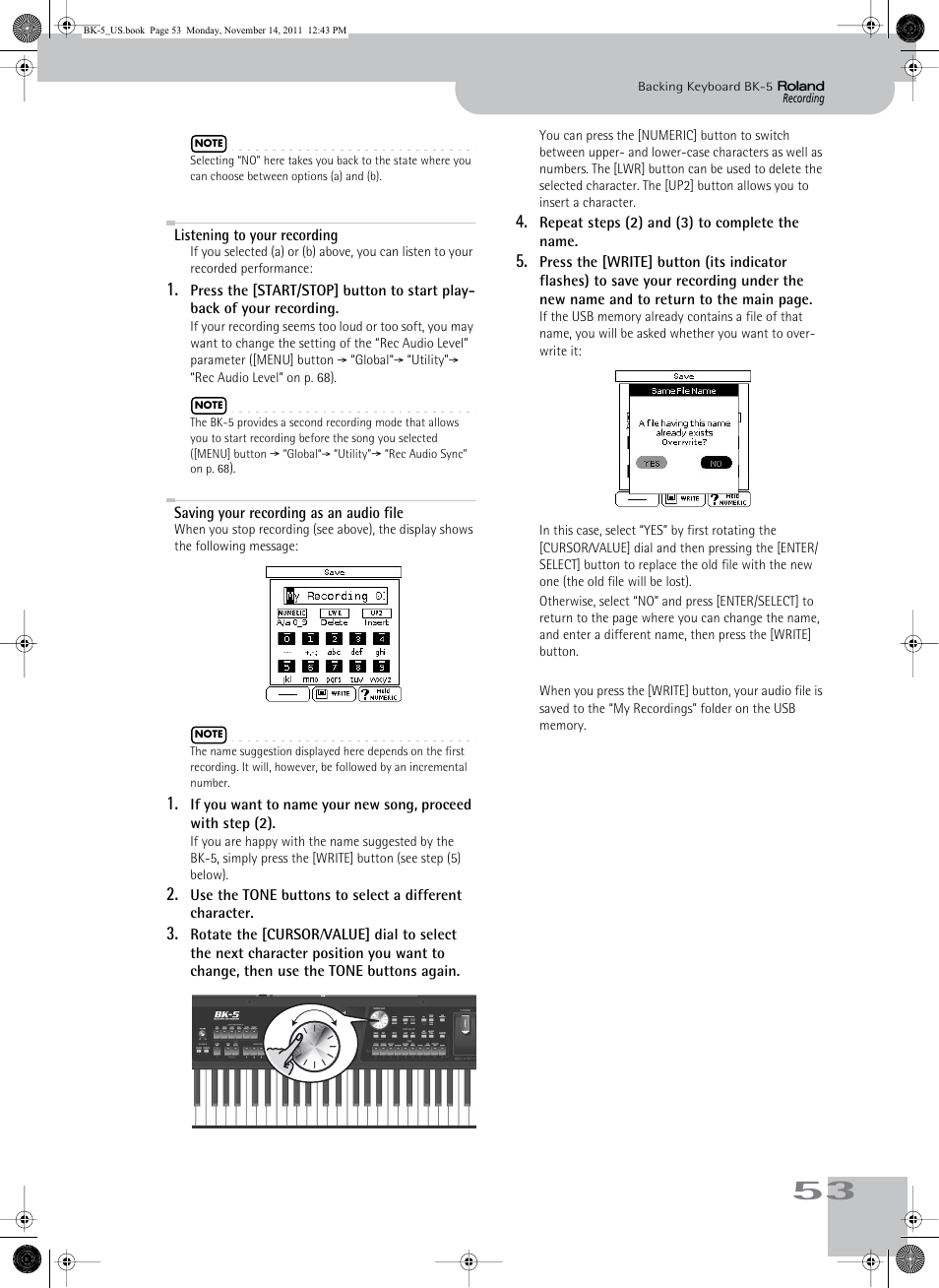 Listening to your recording, Saving your recording as an audio file, Saving your recording as an audio file” on p. 53 | Roland Backing Keyboard BK-5 User Manual | Page 53 / 152