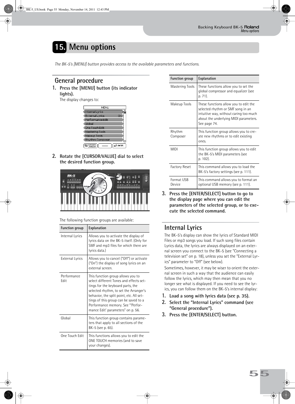 Menu options, General procedure, Internal lyrics | General procedure internal lyrics, Global“‰ “utility, 55 15. menu options | Roland Backing Keyboard BK-5 User Manual | Page 55 / 152