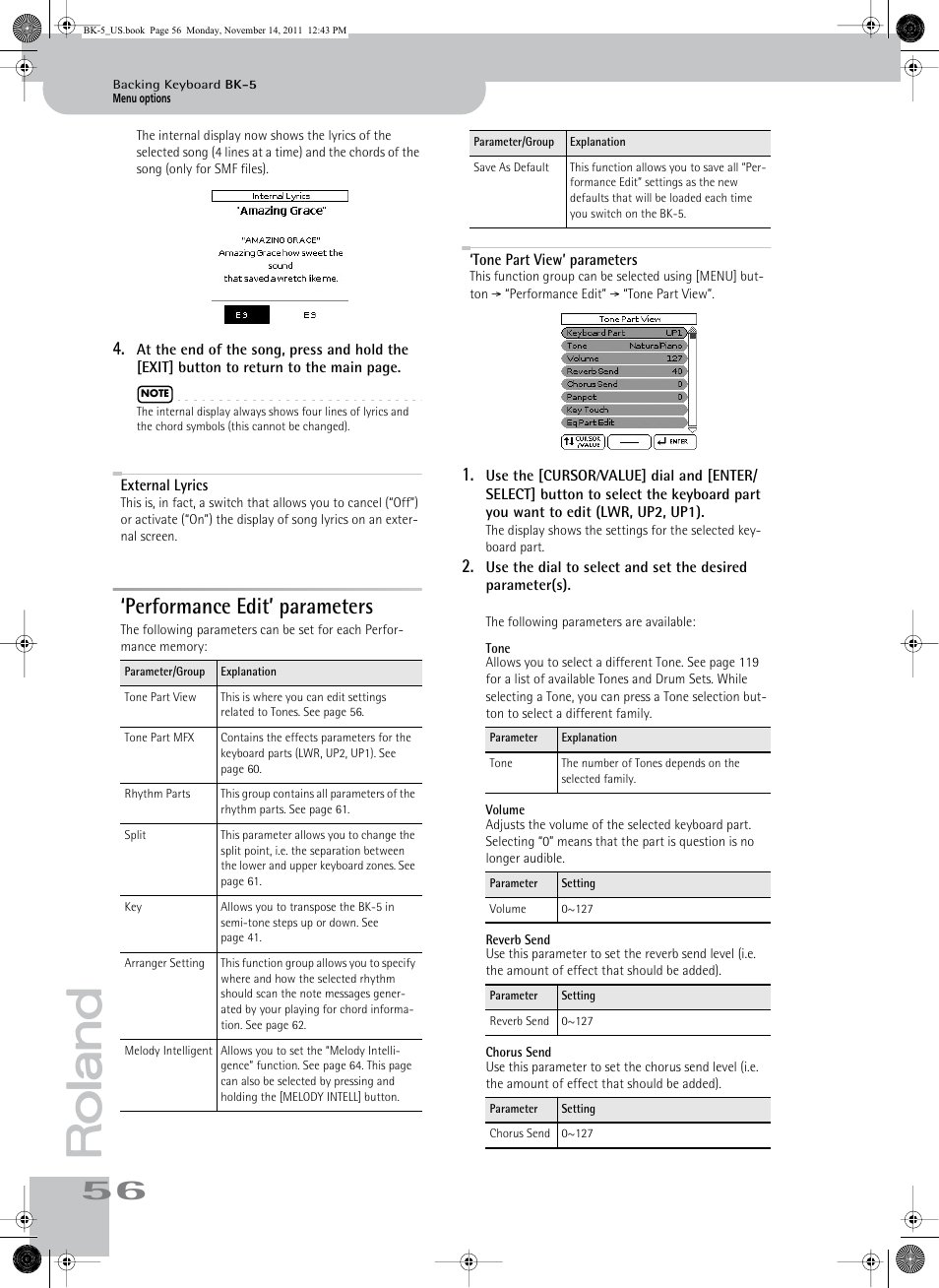 External lyrics, Performance edit’ parameters, Tone part view’ parameters | Tone, Volume, Reverb send, Chorus send, Performance edit ’ parameters | Roland Backing Keyboard BK-5 User Manual | Page 56 / 152