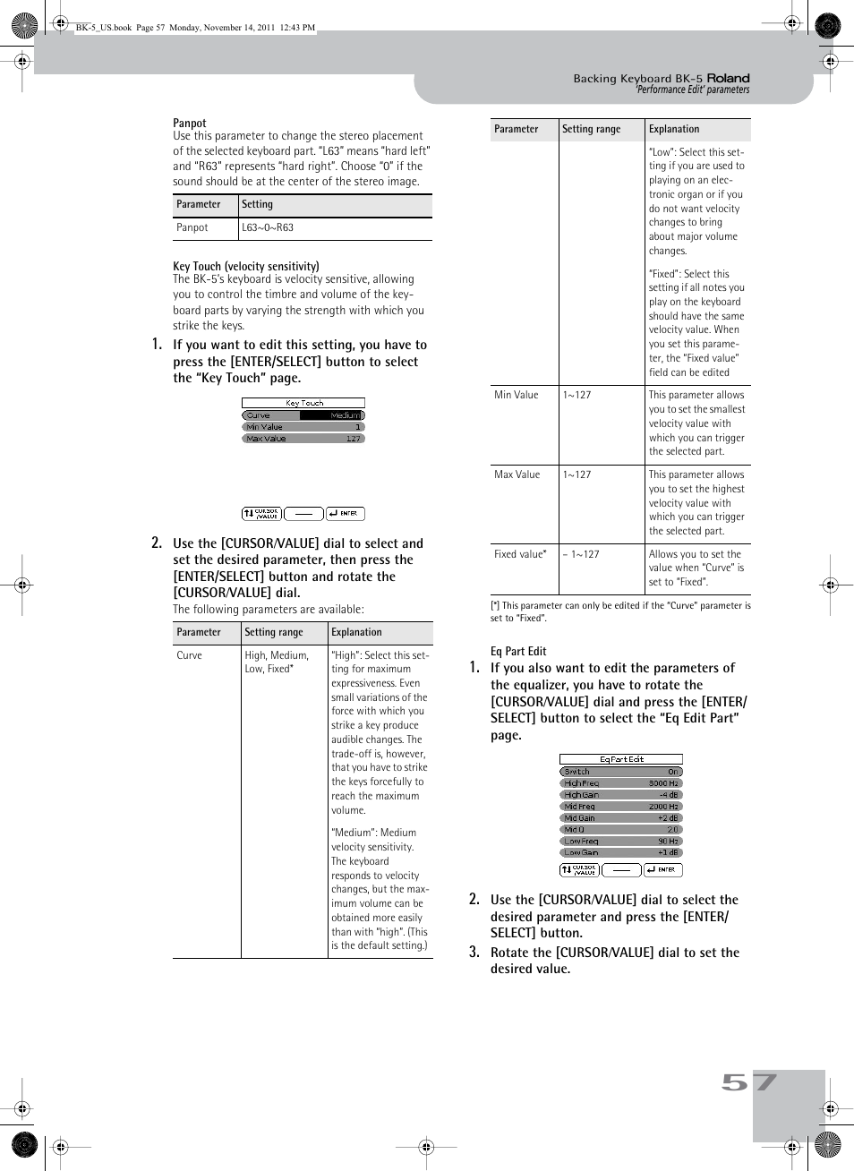 Panpot, Key touch (velocity sensitivity), Eq part edit | Roland Backing Keyboard BK-5 User Manual | Page 57 / 152