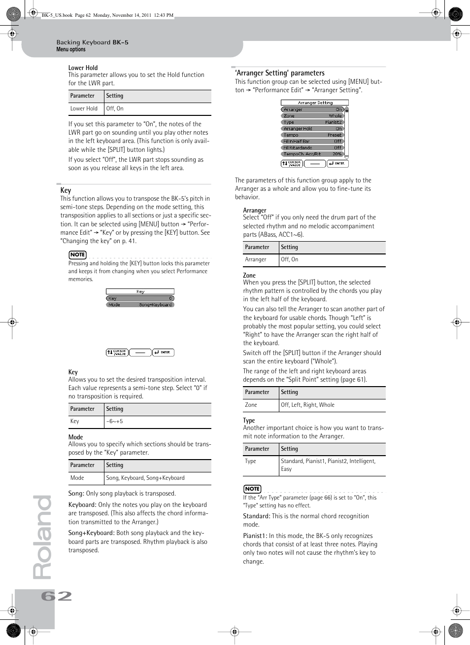 Lower hold, Mode, Arranger setting’ parameters | Arranger, Zone, Type, Key ‘arranger setting’ parameters, In split mode, the “type” parameter (see p. 62) is, Lower hold” on p. 62 | Roland Backing Keyboard BK-5 User Manual | Page 62 / 152
