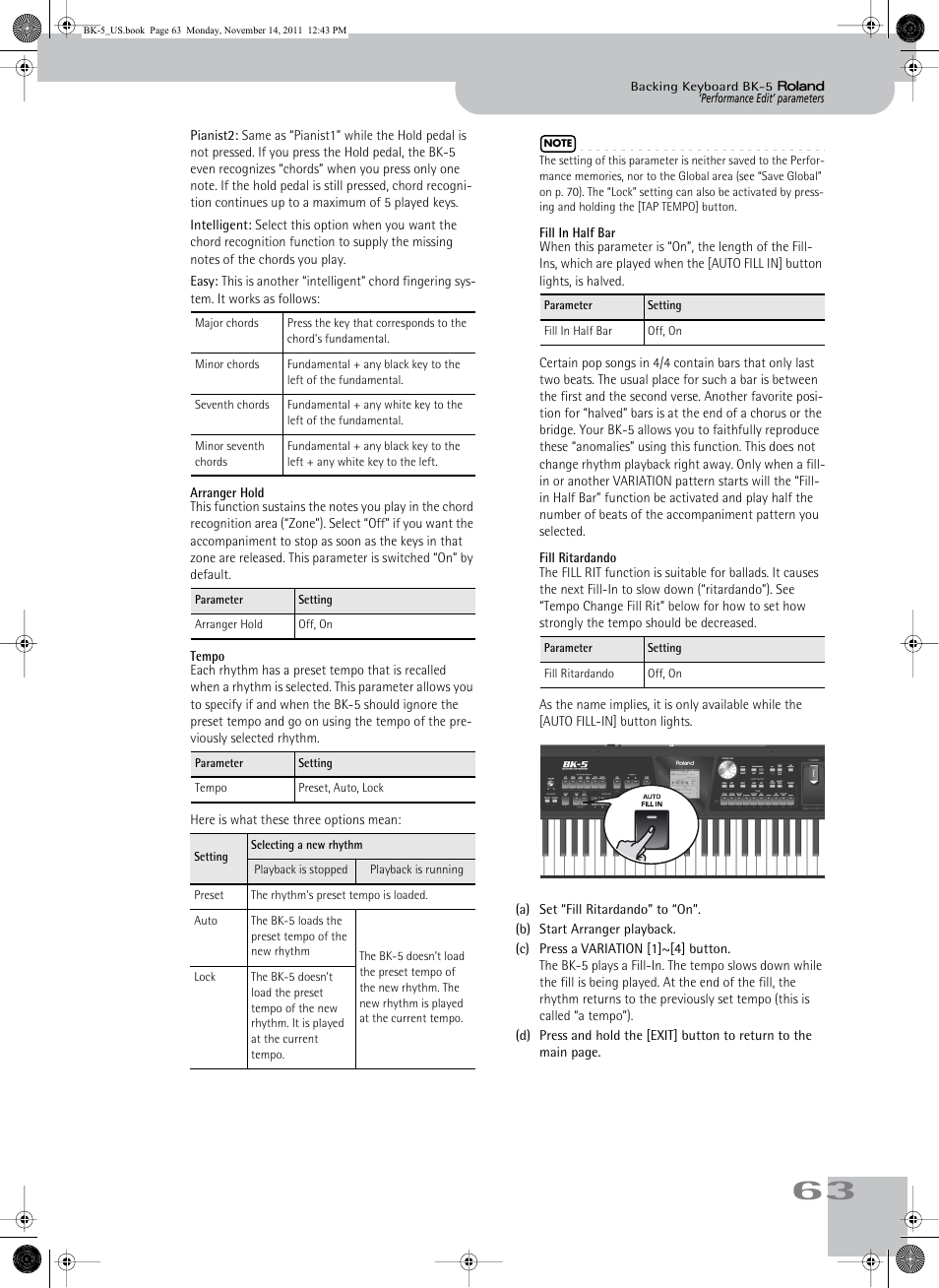 Arranger hold, Tempo, Fill in half bar | Fill ritardando | Roland Backing Keyboard BK-5 User Manual | Page 63 / 152