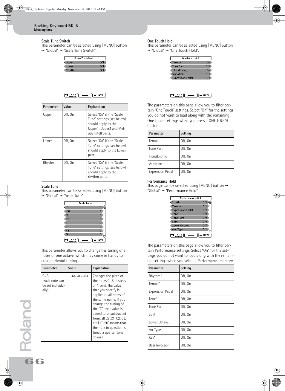 Scale tune switch, Scale tune, One touch hold | Performance hold | Roland Backing Keyboard BK-5 User Manual | Page 66 / 152