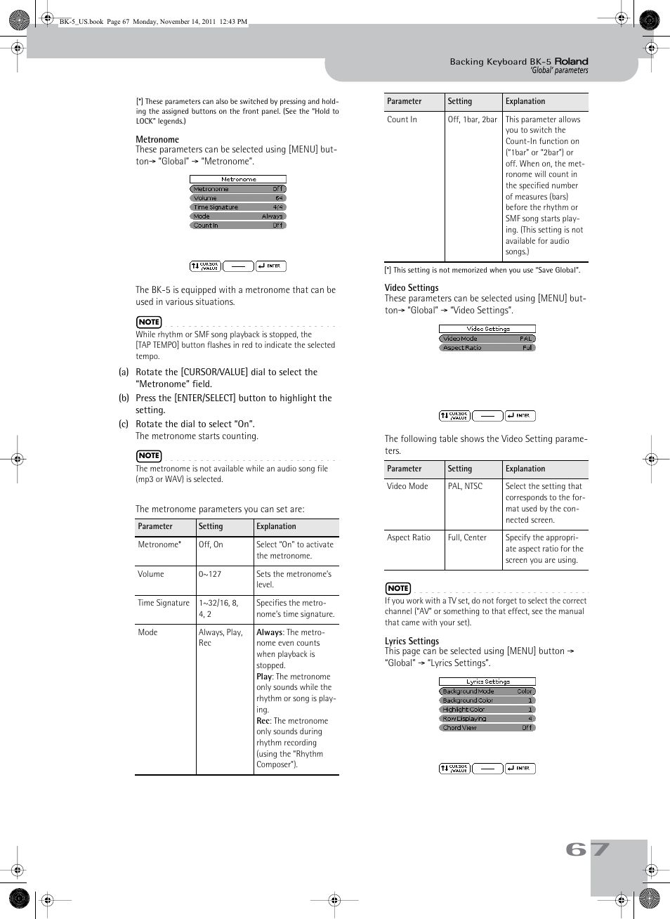 Metronome, Video settings, Lyrics settings | Format (see p. 67) | Roland Backing Keyboard BK-5 User Manual | Page 67 / 152