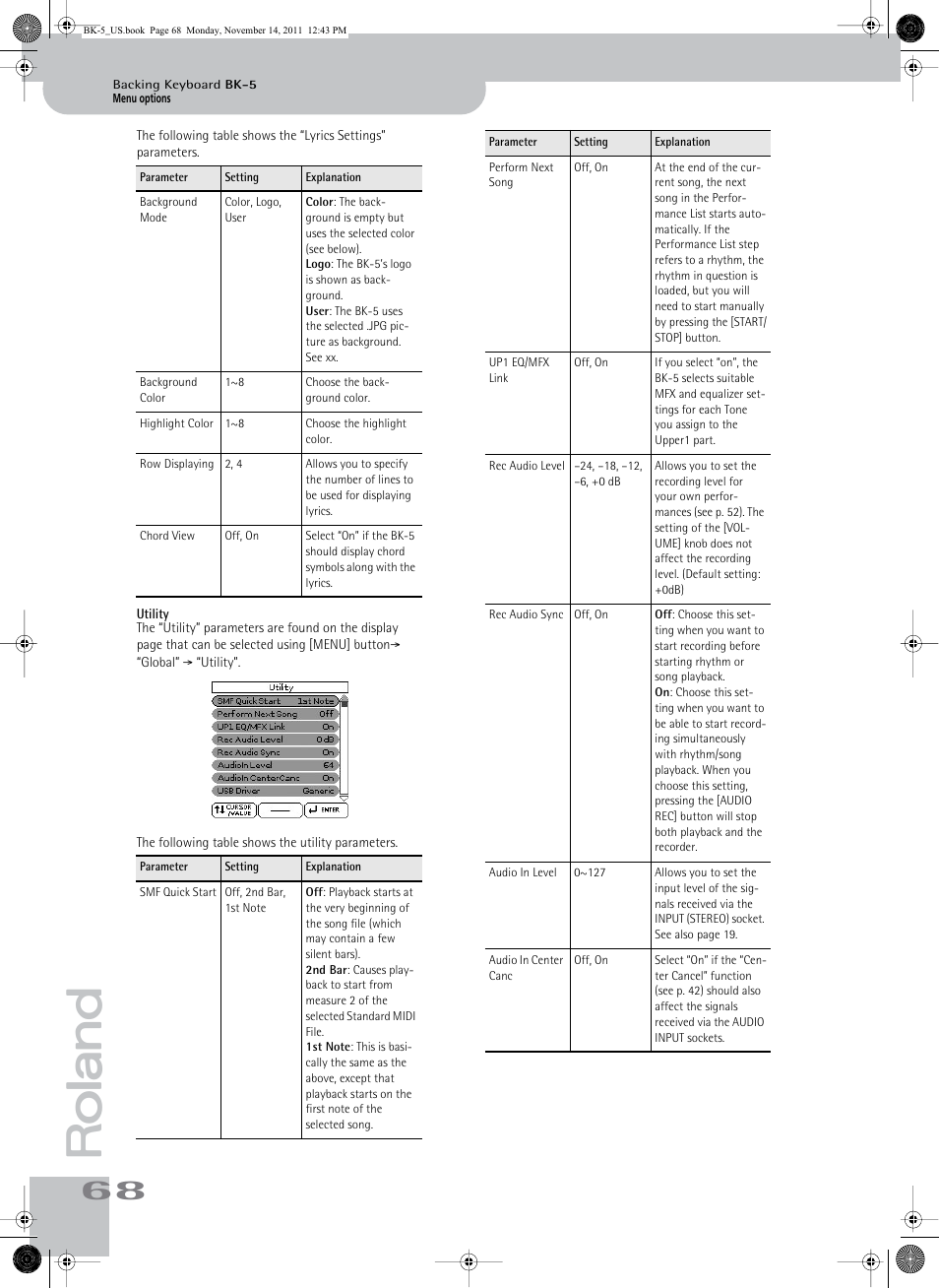 Utility, And the “background mode” parameter (see p. 68), The “background mode” parameter is again set to | Rec audio sync, On p. 68 | Roland Backing Keyboard BK-5 User Manual | Page 68 / 152
