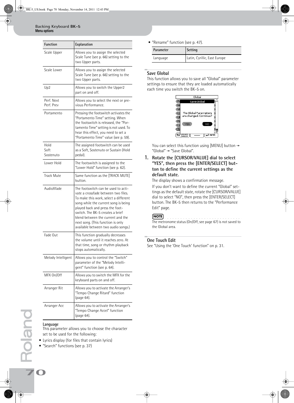 Language, Save global, One touch edit | Save global one touch edit, Switch (see p. 70), Optional footswitch (see p. 70) | Roland Backing Keyboard BK-5 User Manual | Page 70 / 152