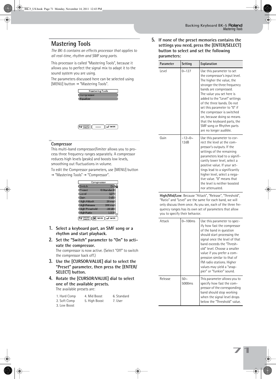 Mastering tools, Compressor | Roland Backing Keyboard BK-5 User Manual | Page 71 / 152