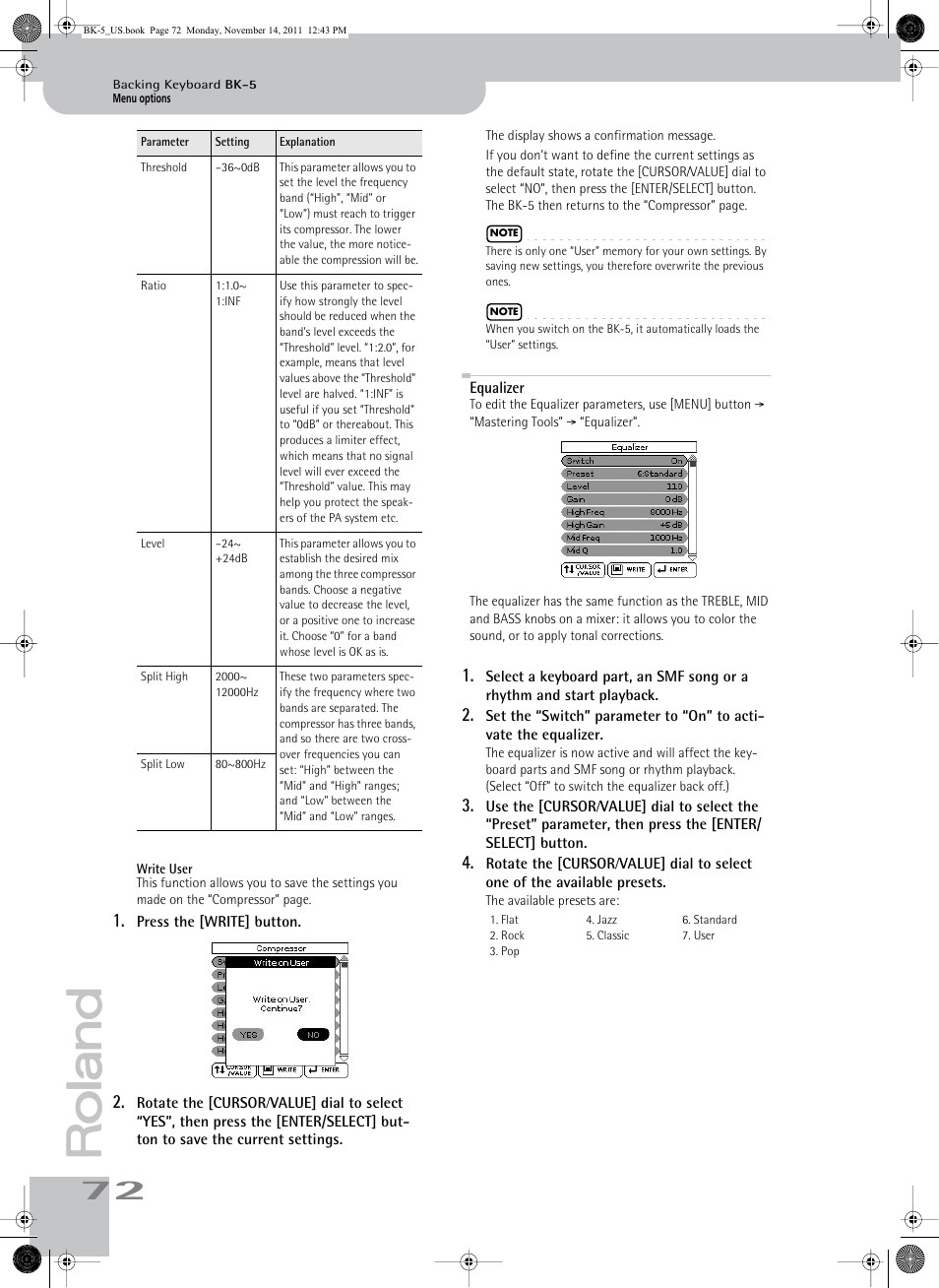 Write user, Equalizer | Roland Backing Keyboard BK-5 User Manual | Page 72 / 152