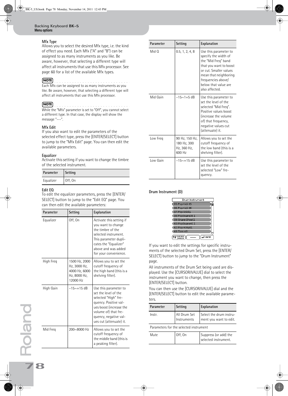 Mfx type, Mfx edit, Equalizer | Edit eq, Drum instrument (d) | Roland Backing Keyboard BK-5 User Manual | Page 78 / 152