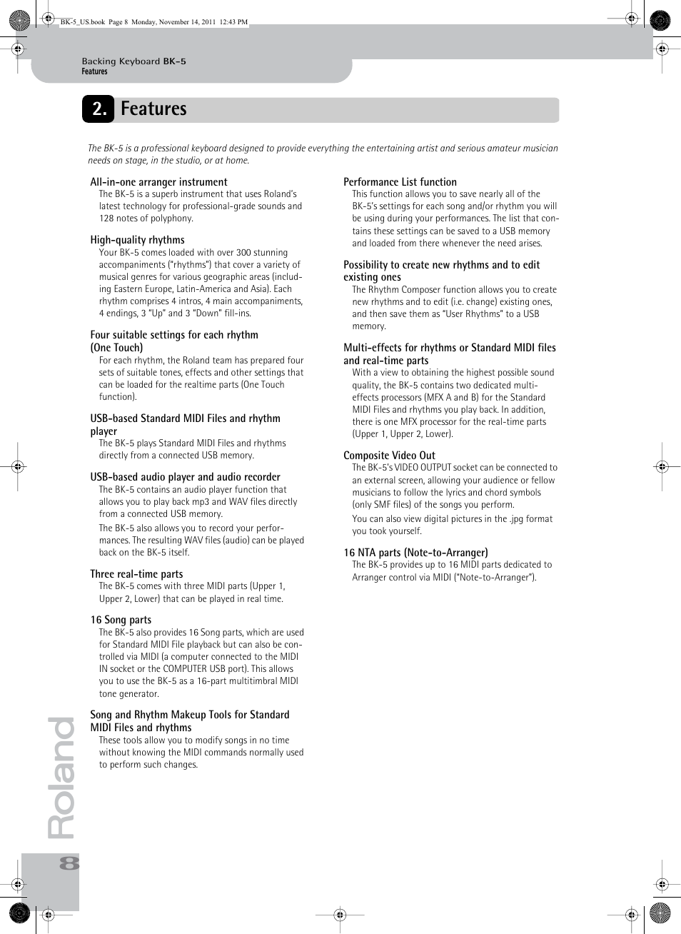 Features | Roland Backing Keyboard BK-5 User Manual | Page 8 / 152