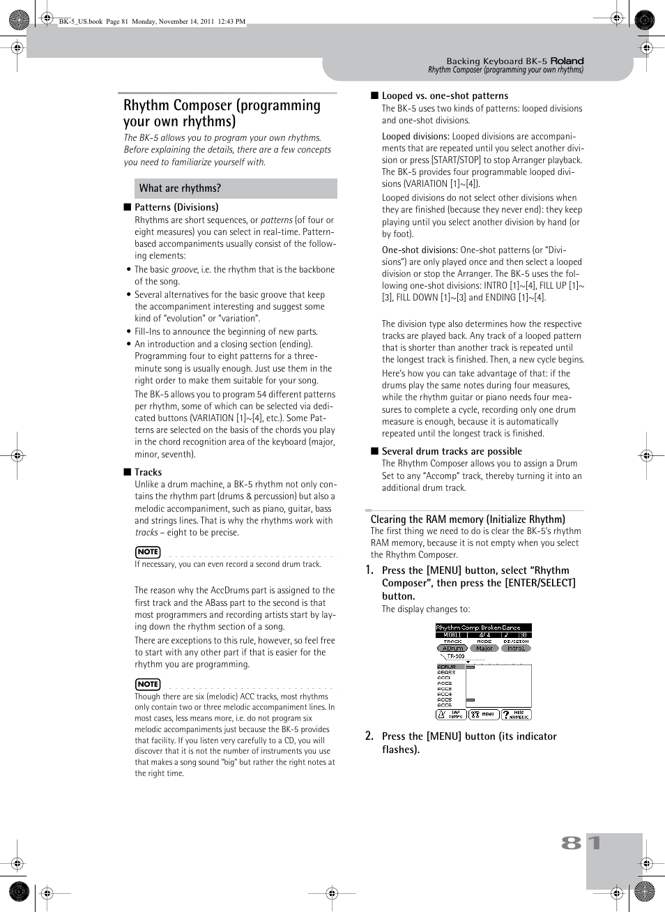Rhythm composer (programming your own rhythms), Clearing the ram memory (initialize rhythm), Rhythm composer (programming your own rhythms) | Poser function (see p. 81) | Roland Backing Keyboard BK-5 User Manual | Page 81 / 152
