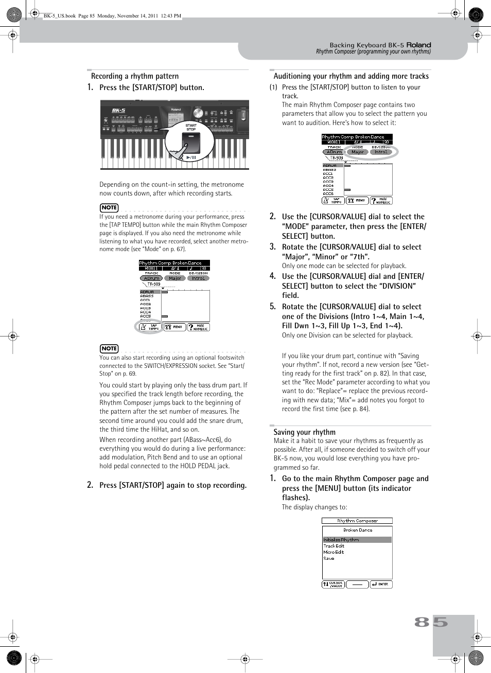 Recording a rhythm pattern, Auditioning your rhythm and adding more tracks, Saving your rhythm | Roland Backing Keyboard BK-5 User Manual | Page 85 / 152