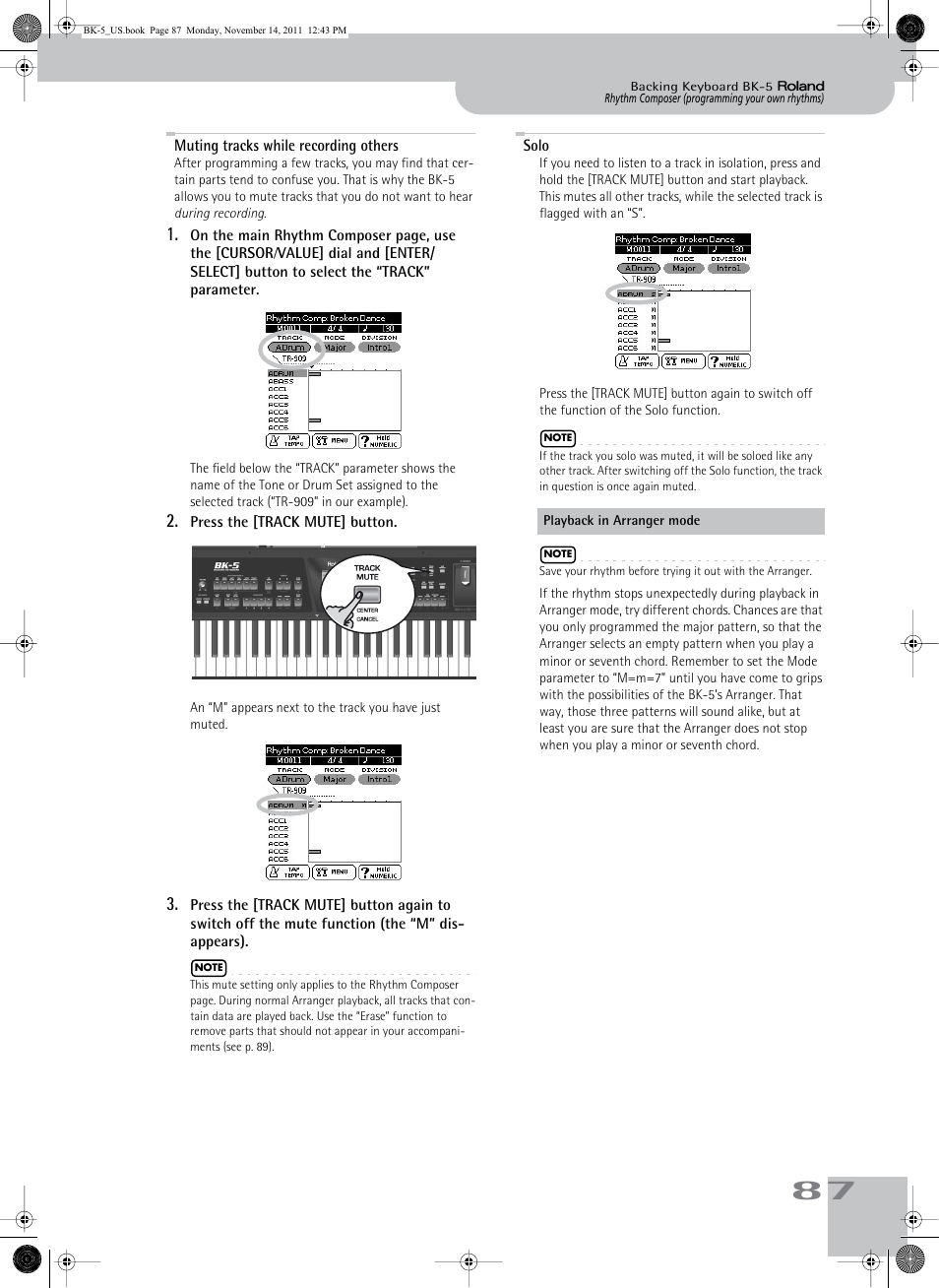 Muting tracks while recording others, Solo, Muting tracks while recording others solo | Roland Backing Keyboard BK-5 User Manual | Page 87 / 152