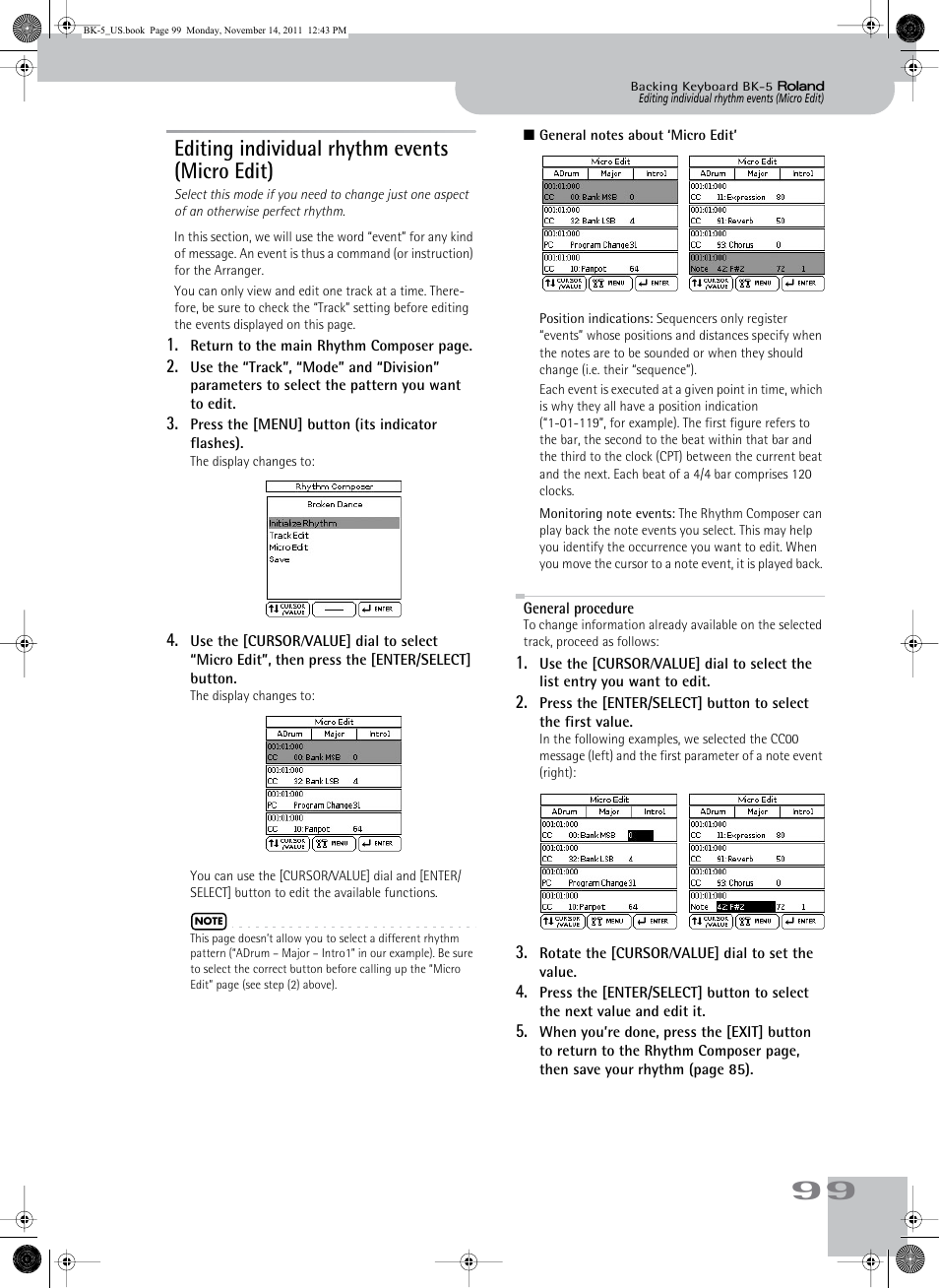 Editing individual rhythm events (micro edit), General procedure | Roland Backing Keyboard BK-5 User Manual | Page 99 / 152