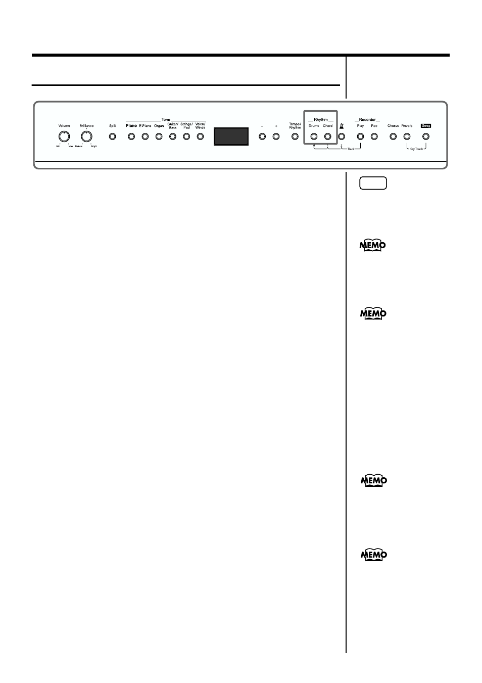 Performing along with rhythms, Performing along with drum sounds, Performing with chord parts | Turns the rhythm drum part on and off (p. 26), You can also turn only the chord part off (p. 26), Can also be used to force-stop rhythms (p. 26), P. 26) at the same time, P. 26), Progression continues automatically (p. 26) | Roland FP-3 User Manual | Page 26 / 64