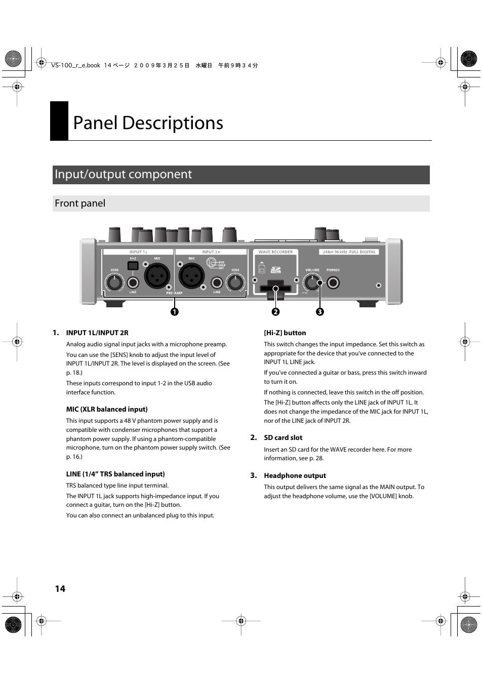 Panel descriptions, Input/output component, Front panel | Roland SONAR V-STUDIO VS-100 User Manual | Page 14 / 68