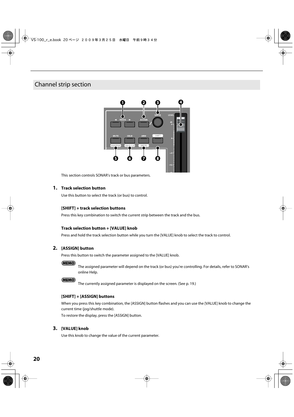 Channel strip section | Roland SONAR V-STUDIO VS-100 User Manual | Page 20 / 68