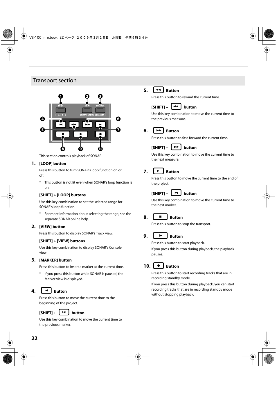 Transport section | Roland SONAR V-STUDIO VS-100 User Manual | Page 22 / 68