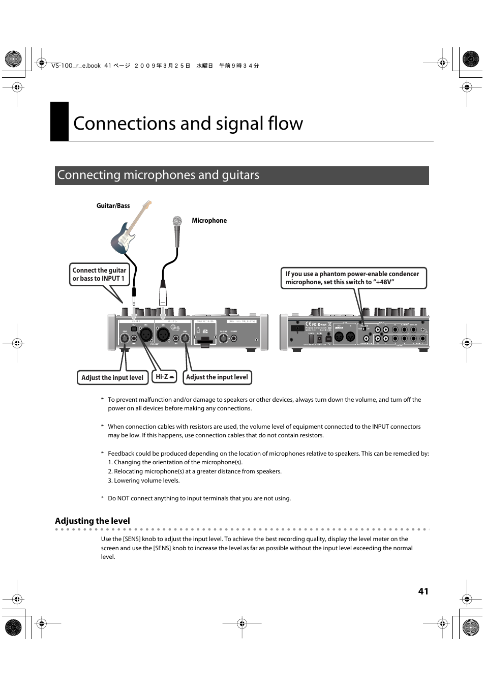 Connections and signal flow, Connecting microphones and guitars | Roland SONAR V-STUDIO VS-100 User Manual | Page 41 / 68