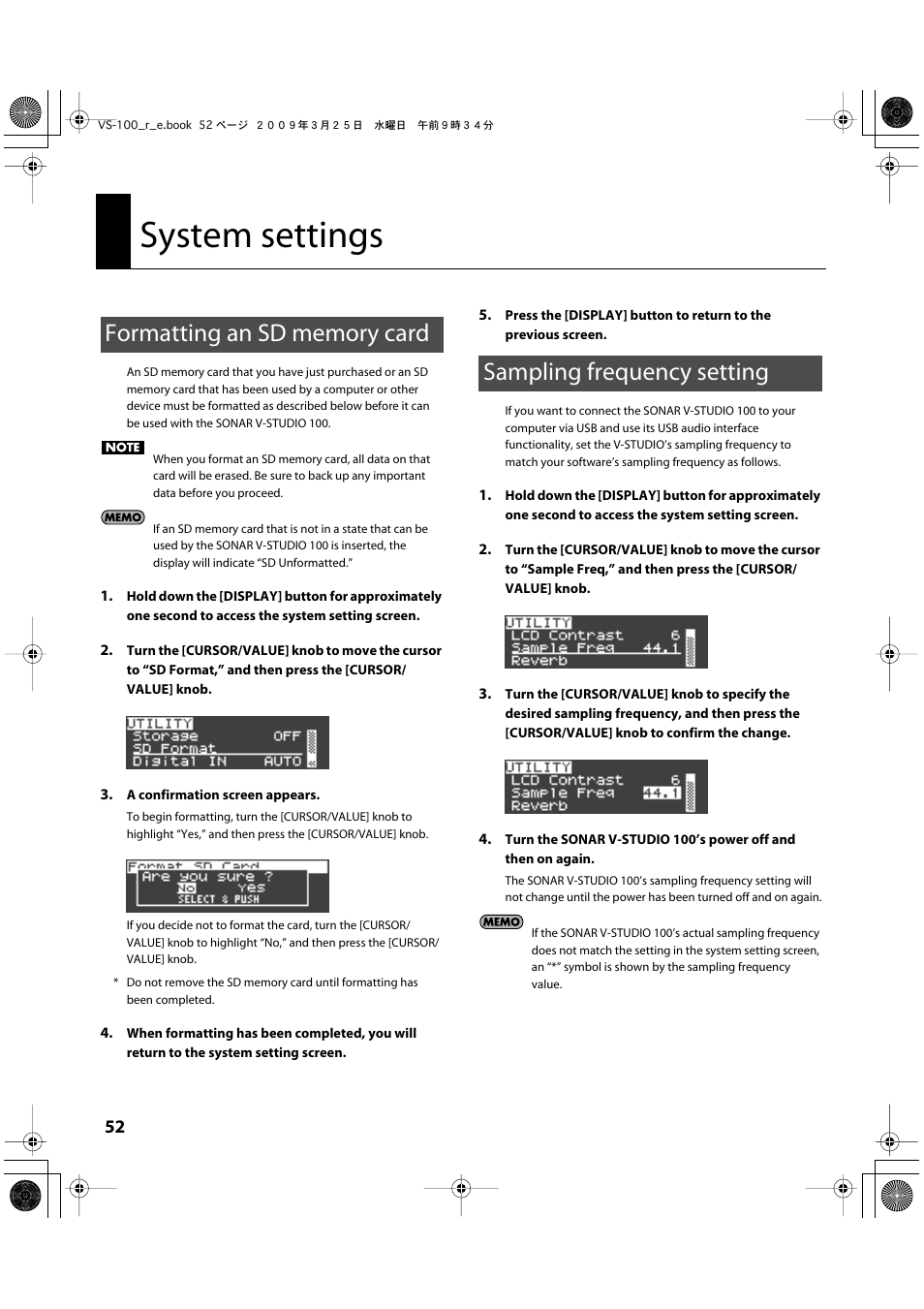 System settings, Formatting an sd memory card, Sampling frequency setting | About setting the sampling frequency, see, Sampling, Frequency setting, P. 52), Information, see p. 52 | Roland SONAR V-STUDIO VS-100 User Manual | Page 52 / 68