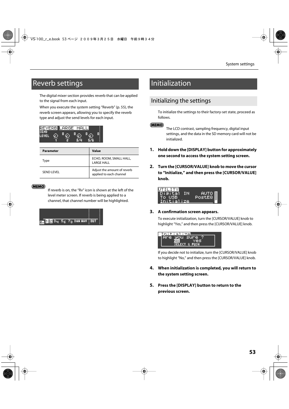 Reverb settings, Initialization, Initializing the settings | Reverb settings initialization | Roland SONAR V-STUDIO VS-100 User Manual | Page 53 / 68
