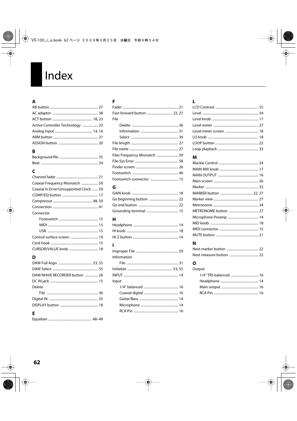 Index | Roland SONAR V-STUDIO VS-100 User Manual | Page 62 / 68