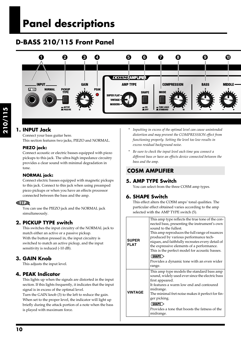 Panel descriptions, D-bass 210/115 front panel, Cosm amplifier | Roland 115 User Manual | Page 10 / 24