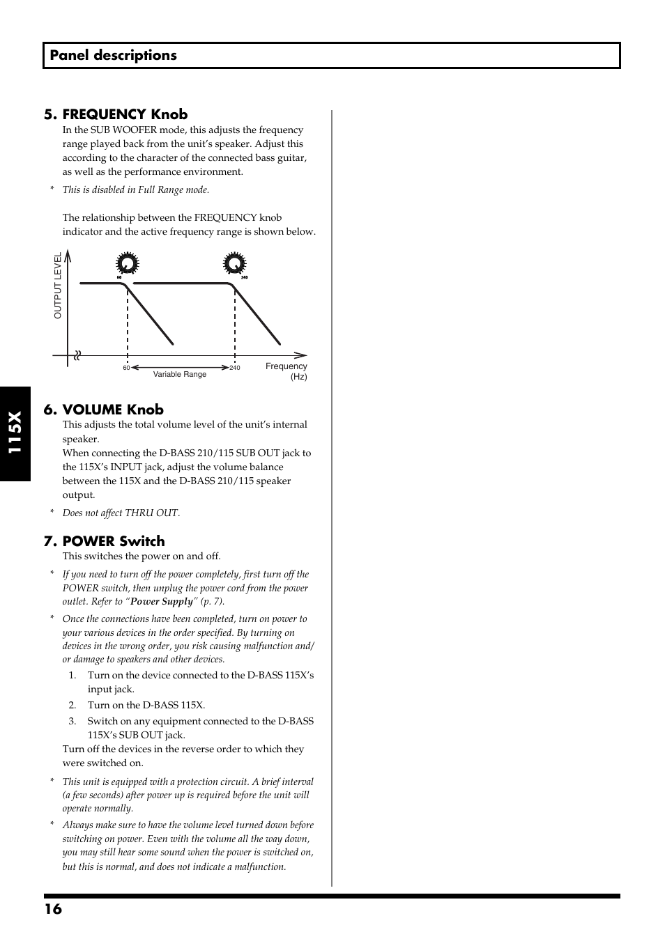 115x, 16 panel descriptions 5. frequency knob, Volume knob | Power switch | Roland 115 User Manual | Page 16 / 24