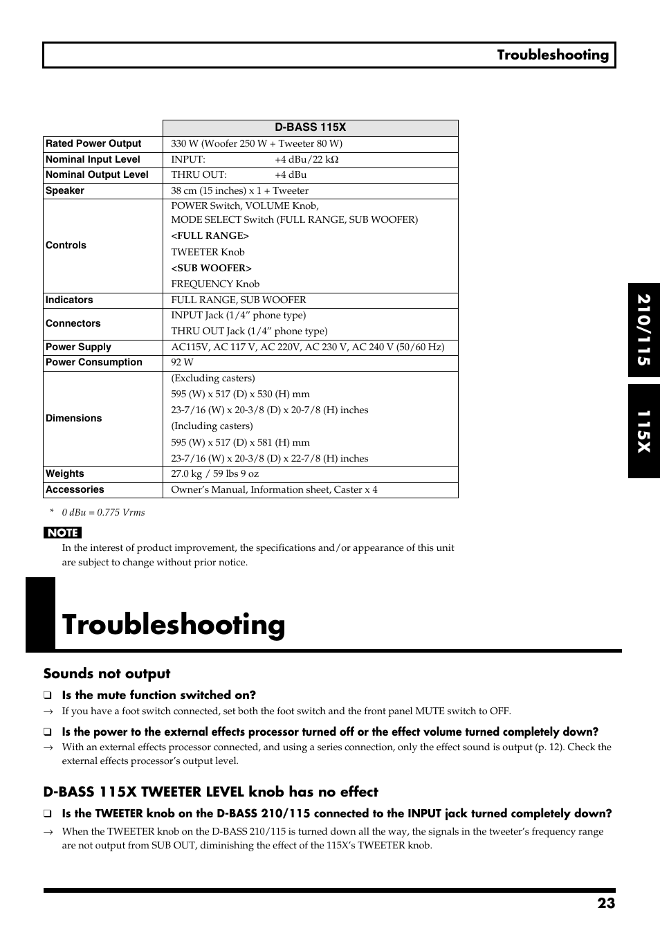 Troubleshooting, 23 troubleshooting, Sounds not output | D-bass 115x tweeter level knob has no effect | Roland 115 User Manual | Page 23 / 24