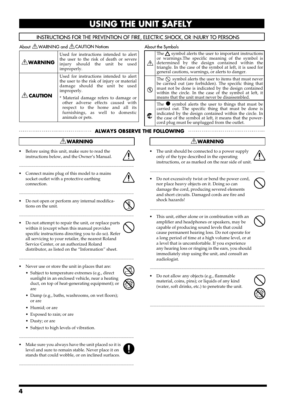 Using the unit safely | Roland 115 User Manual | Page 4 / 24