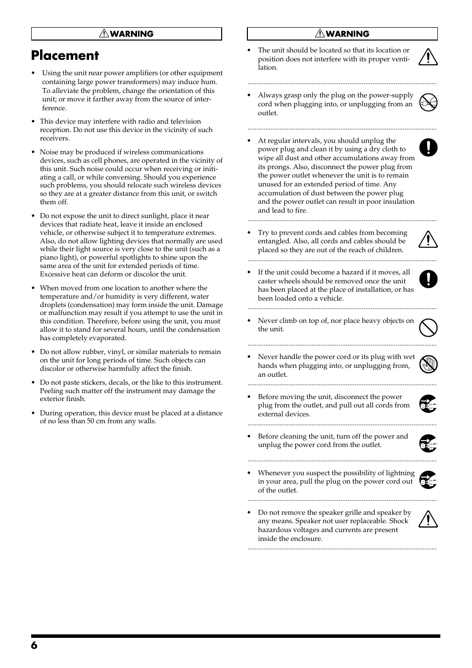 Placement | Roland 115 User Manual | Page 6 / 24