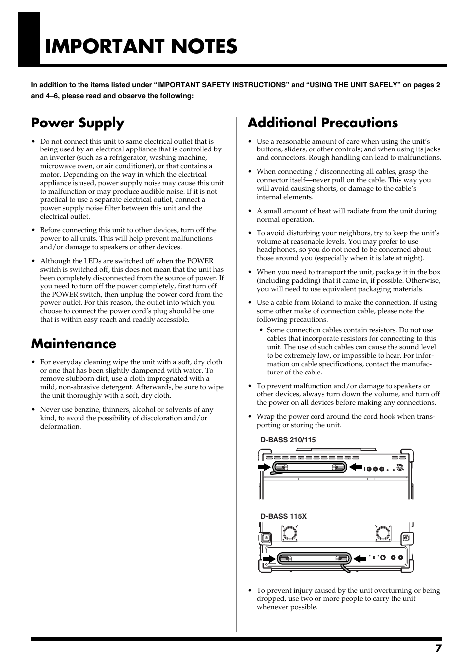 Important notes, Power supply, Maintenance | Additional precautions | Roland 115 User Manual | Page 7 / 24