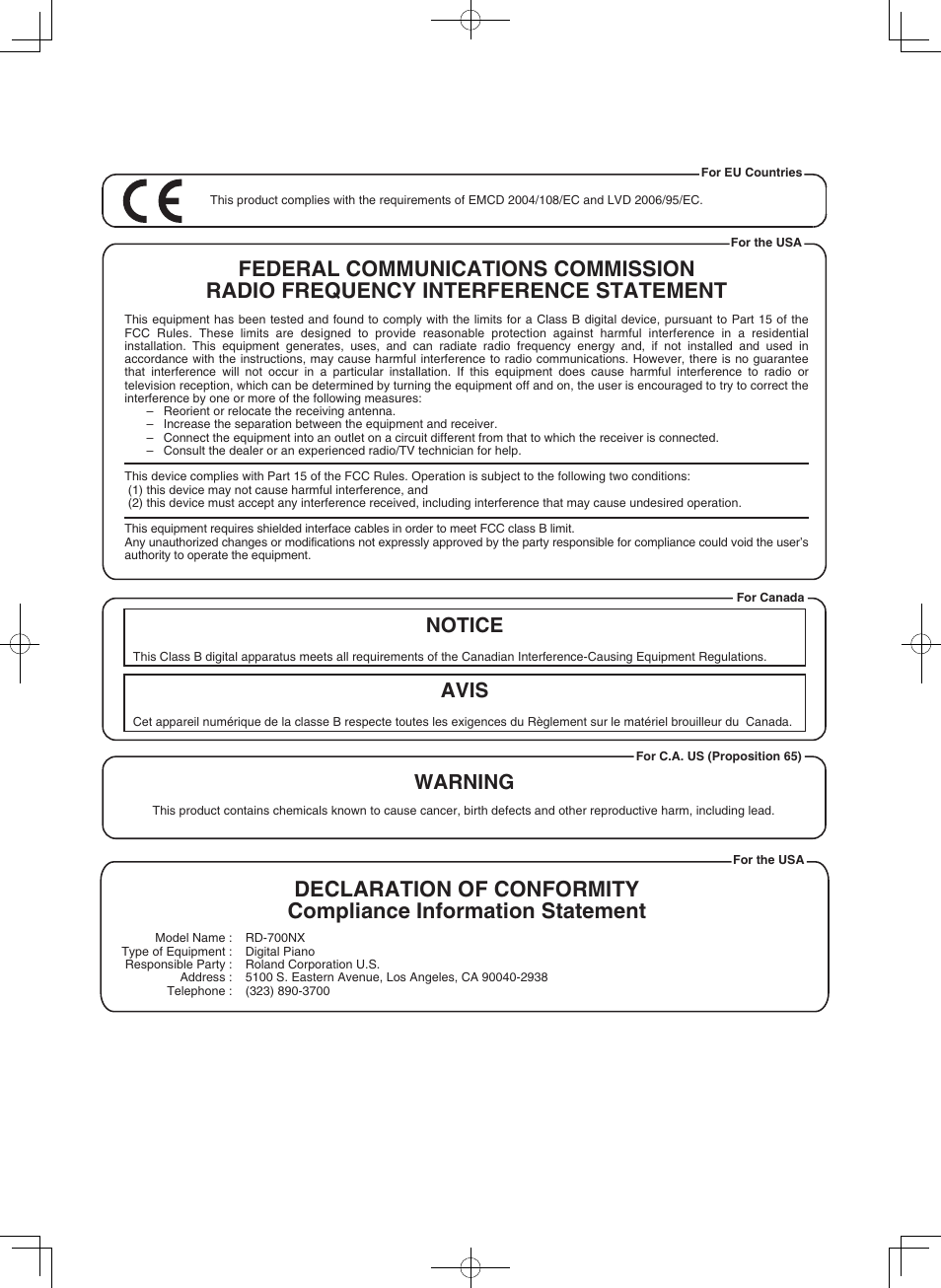 Notice avis, Warning | Roland RD-700NX User Manual | Page 103 / 106