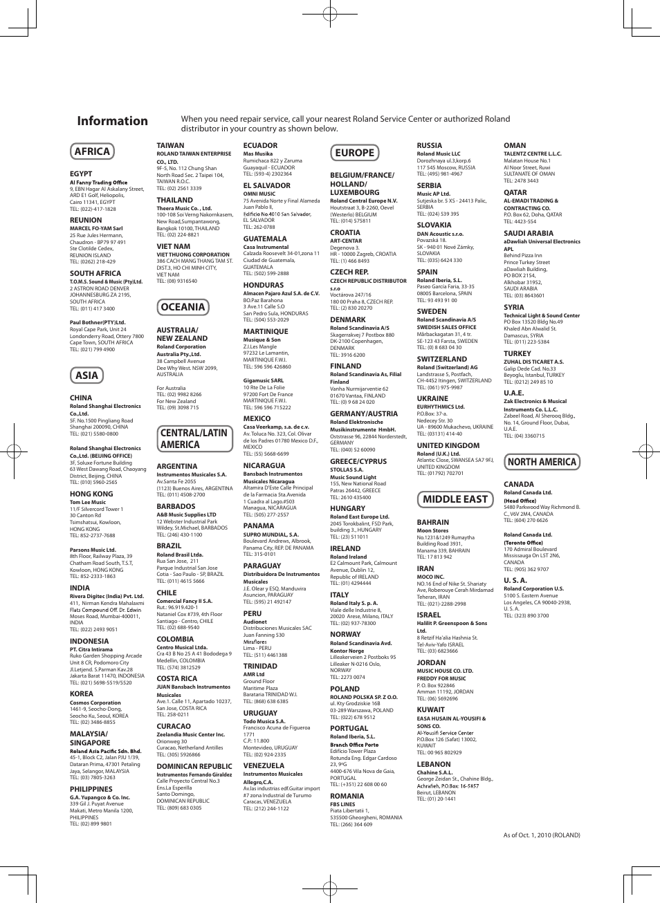 Information, Africa, Asia | Oceania, Central/latin america, Europe, Middle east, North america | Roland RD-700NX User Manual | Page 105 / 106