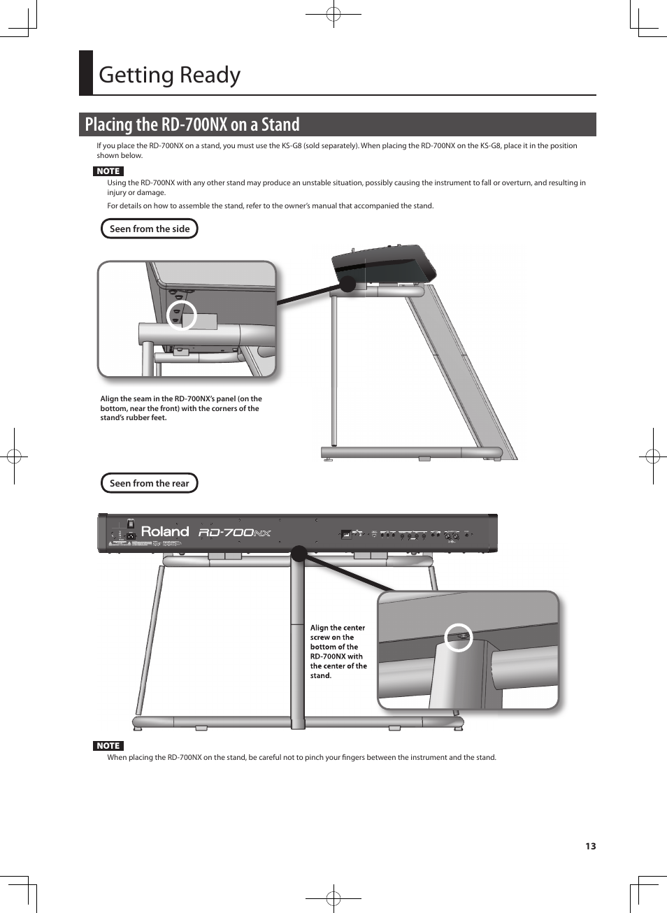 Getting ready, Placing the rd-700nx on a stand | Roland RD-700NX User Manual | Page 12 / 106