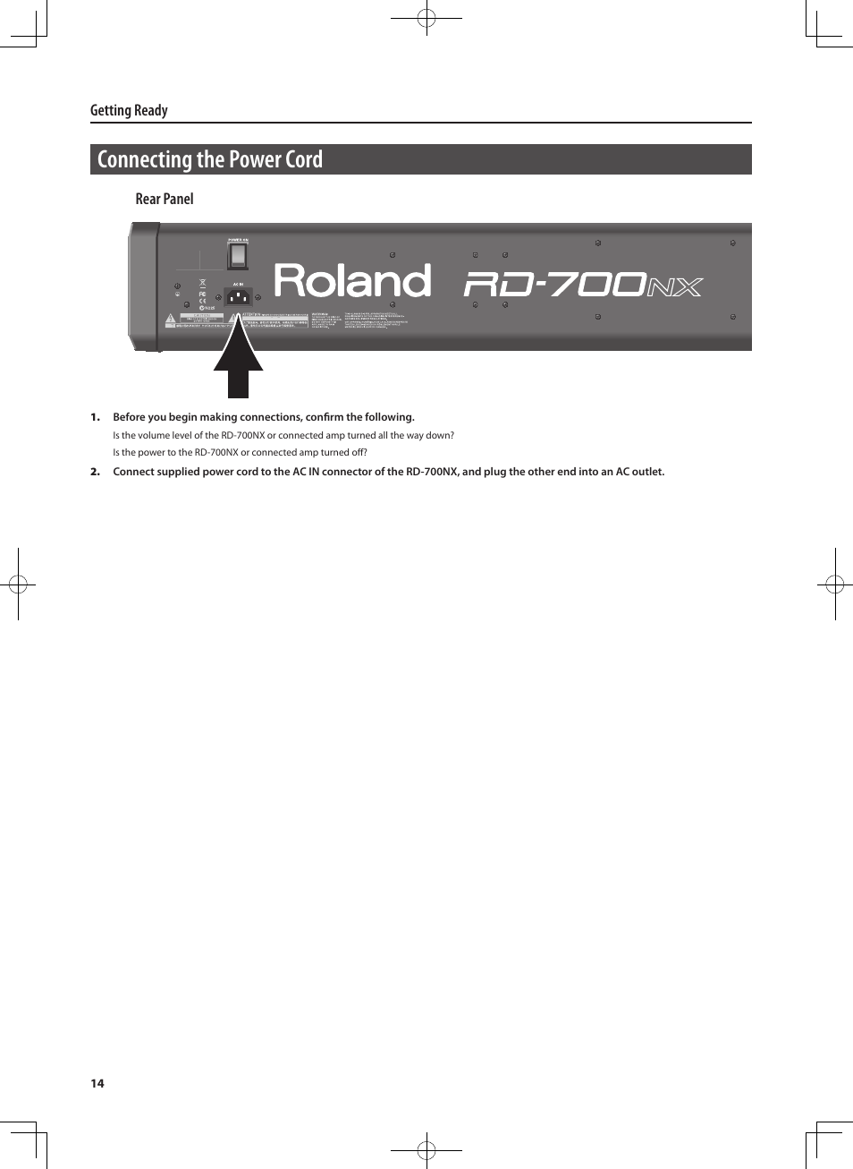 Connecting the power cord | Roland RD-700NX User Manual | Page 13 / 106