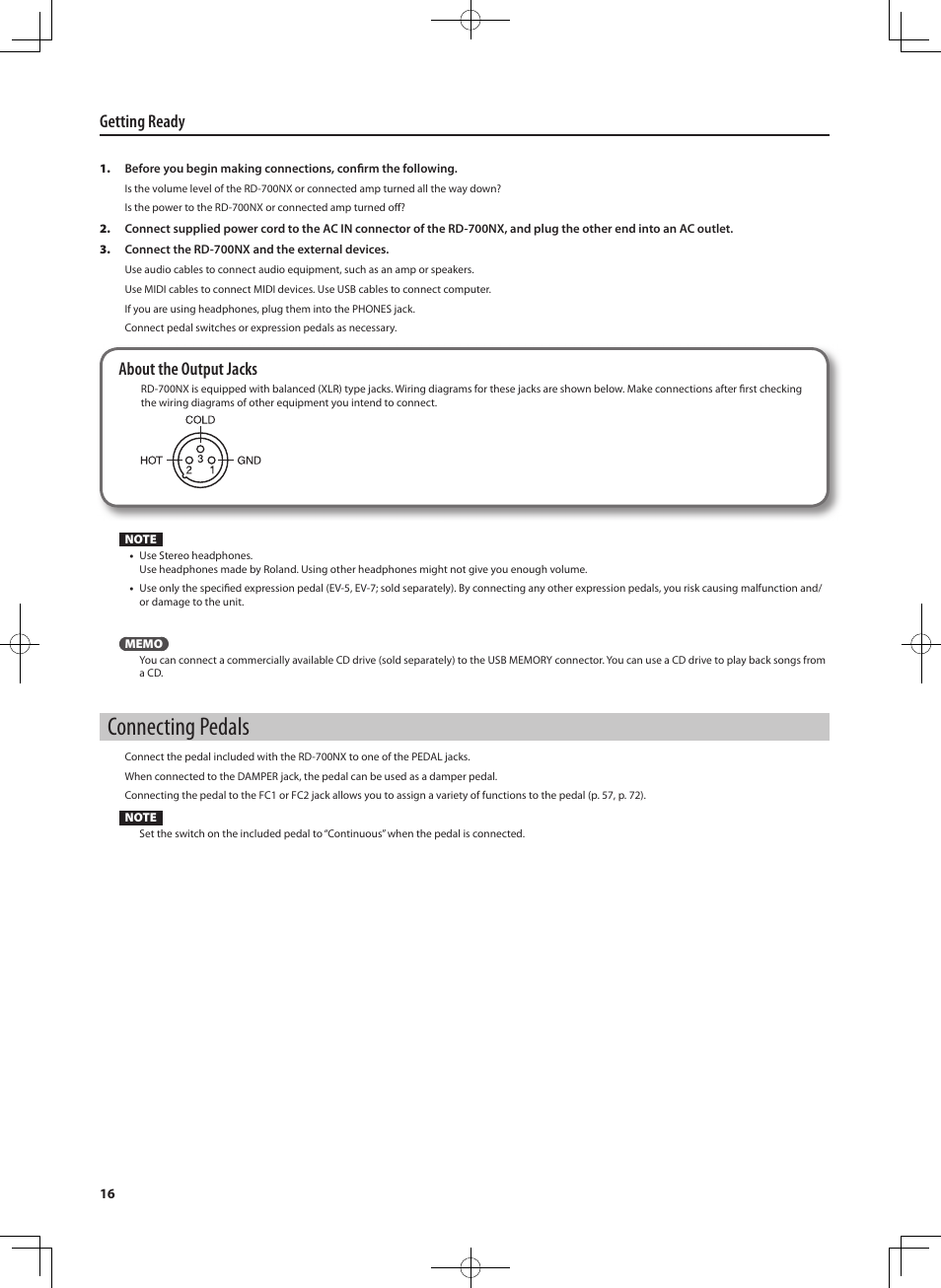 Connecting pedals, Getting ready, About the output jacks | Roland RD-700NX User Manual | Page 15 / 106