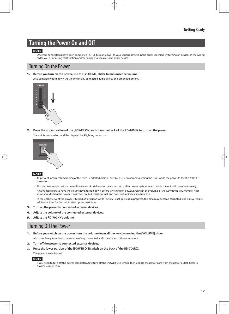 Turning the power on and off, Turning on the power, Turning off the power | Getting ready | Roland RD-700NX User Manual | Page 16 / 106