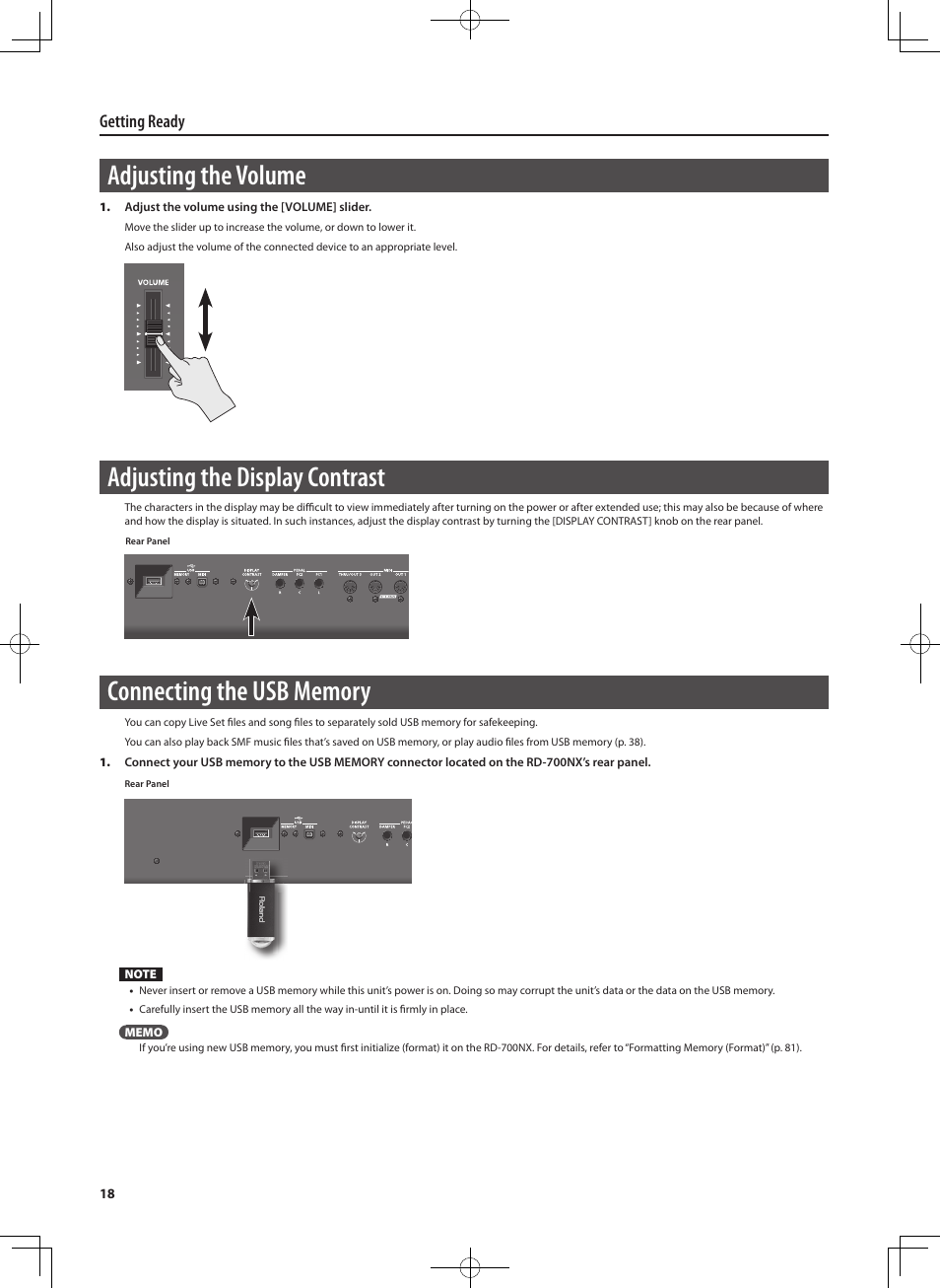 Adjusting the volume, Adjusting the display contrast, Getting ready | Roland RD-700NX User Manual | Page 17 / 106