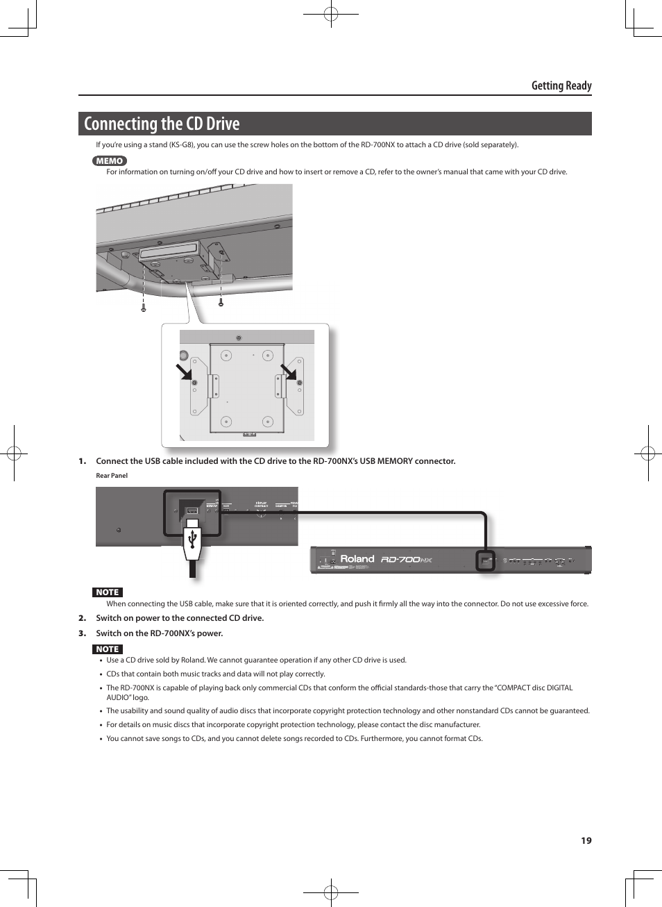 Connecting the cd drive, Getting ready | Roland RD-700NX User Manual | Page 18 / 106