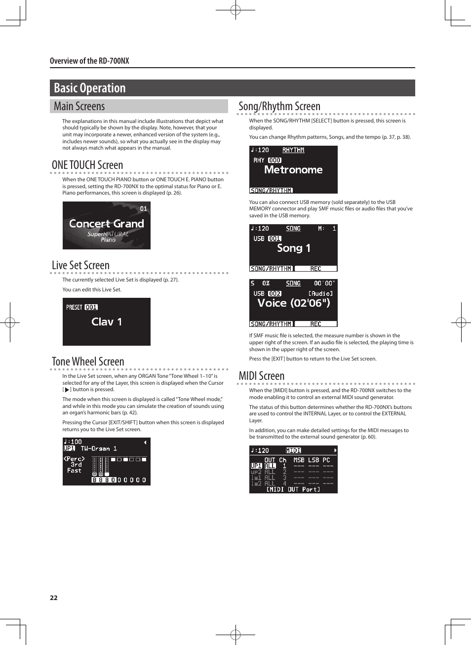 Basic operation, Main screens, One touch screen | Live set screen, Tone wheel screen, Song/rhythm screen, Midi screen, Overview of the rd-700nx | Roland RD-700NX User Manual | Page 21 / 106