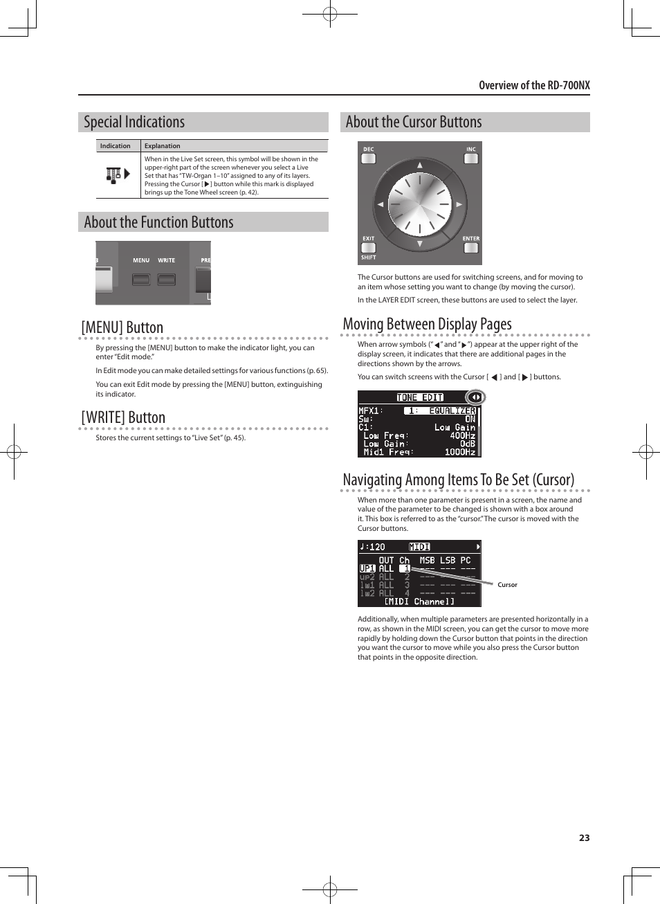 Special indications, About the function buttons [menu] button, Write] button | About the cursor buttons, Moving between display pages, Navigating among items to be set (cursor), Overview of the rd-700nx | Roland RD-700NX User Manual | Page 22 / 106