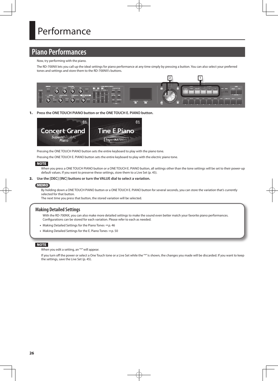 Performance, Piano performances, Making detailed settings | Roland RD-700NX User Manual | Page 25 / 106